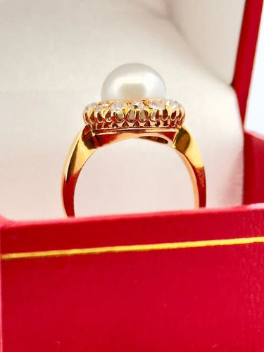Bague 59 Bague ancienne en or jaune 18 carats avec diamants et perle 58 Facettes
