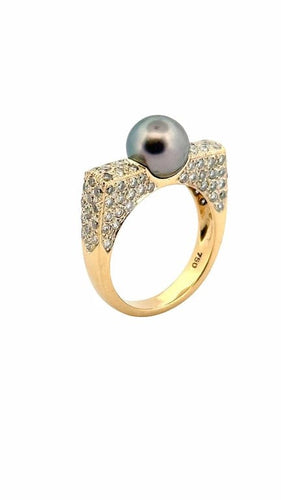 Bague 55 Bague en or jaune 18 carats avec diamants et perle de Tahiti 58 Facettes