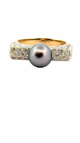 Bague 55 Bague en or jaune 18 carats avec diamants et perle de Tahiti 58 Facettes