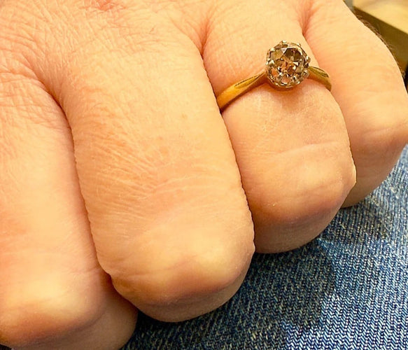 Bague 55.5 Bague solitaire ancienne en or jaune, platine et diamant brun 58 Facettes