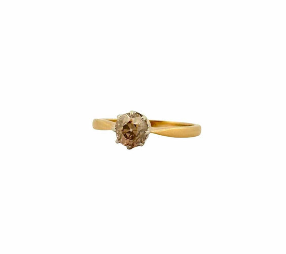 Bague 55.5 Bague solitaire ancienne en or jaune, platine et diamant brun 58 Facettes