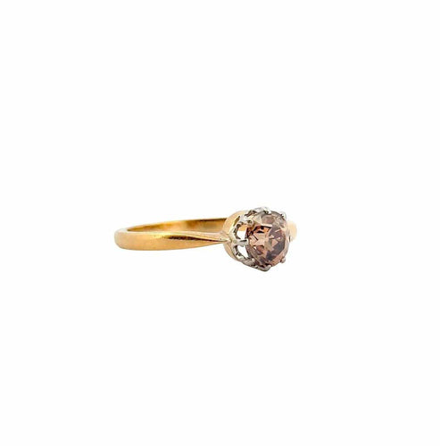 Bague 55.5 Bague solitaire ancienne en or jaune, platine et diamant brun 58 Facettes