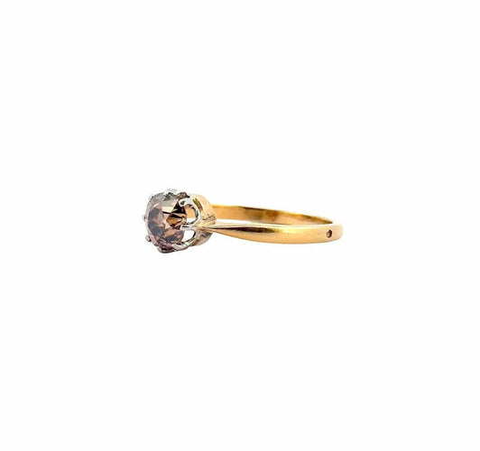 Bague 55.5 Bague solitaire ancienne en or jaune, platine et diamant brun 58 Facettes
