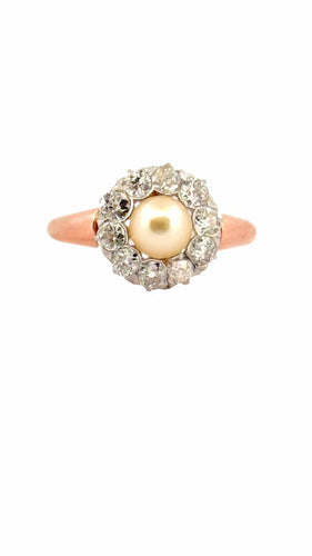 Bague 58 Bague ancienne en or rose, perle et diamants 58 Facettes