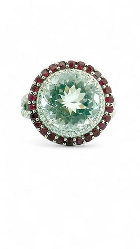Bague 55 Bague en or blanc 18 carats avec aigue-marine, diamants et rubis 58 Facettes