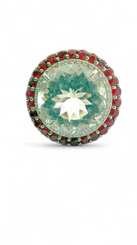 Bague 55 Bague en or blanc 18 carats avec aigue-marine, diamants et rubis 58 Facettes