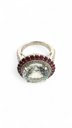 Bague 55 Bague en or blanc 18 carats avec aigue-marine, diamants et rubis 58 Facettes