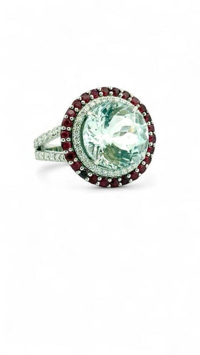 Bague 55 Bague en or blanc 18 carats avec aigue-marine, diamants et rubis 58 Facettes