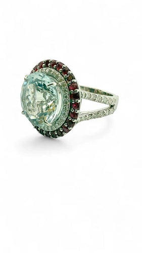 Bague 55 Bague en or blanc 18 carats avec aigue-marine, diamants et rubis 58 Facettes