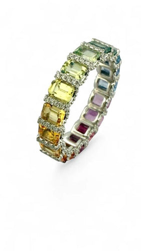 Bague 52 Alliance rainbow en platine 950 sertie de saphirs multicolores et diamants 58 Facettes