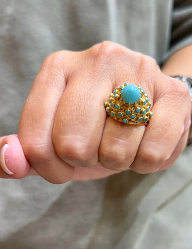 Bague 55 Bague ancienne en or jaune 18 carats sertie de turquoises 58 Facettes