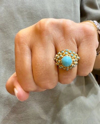 Bague 55 Bague ancienne en or jaune 18 carats sertie de turquoises 58 Facettes