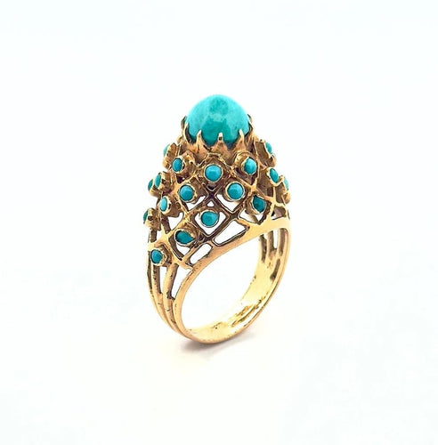 Bague 55 Bague ancienne en or jaune 18 carats sertie de turquoises 58 Facettes