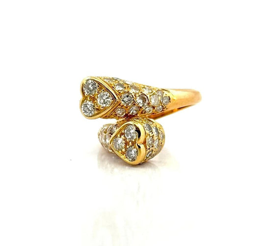 Bague 54 Bague Toi et Moi double cœur en or jaune et diamants 58 Facettes