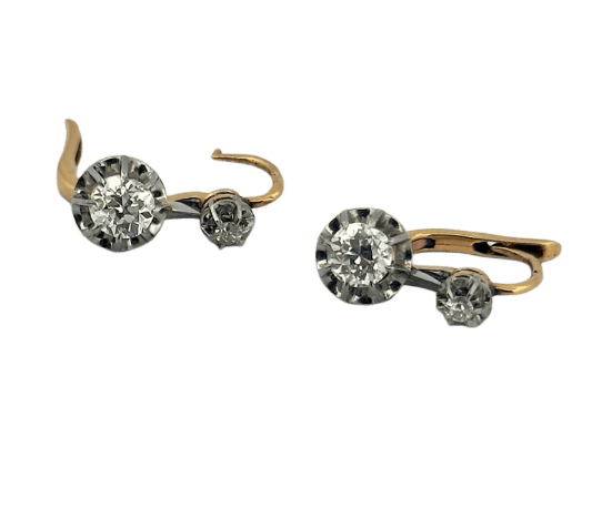 Boucles d'oreilles Dormeuses anciennes en or jaune et gris 18 carats et diamants 58 Facettes