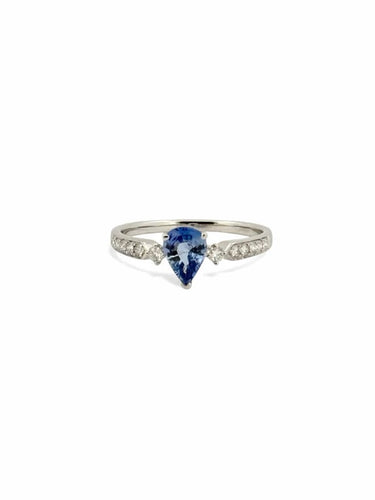 Bague 54 Bague solitaire en or blanc 18 carats, saphir poire et diamants 58 Facettes
