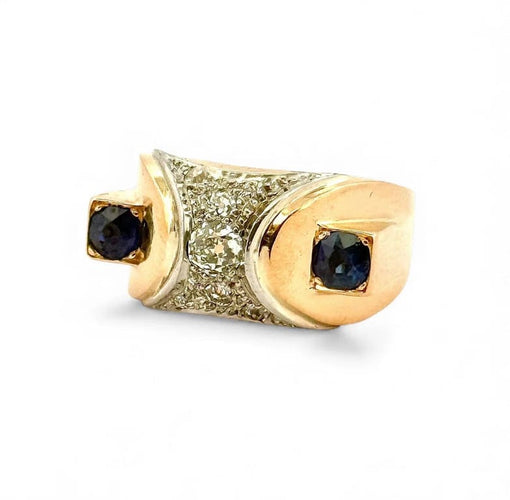 Bague 58 Bague Tank bombée chevalière en or bicolore 18 carats, saphirs et diamants 58 Facettes