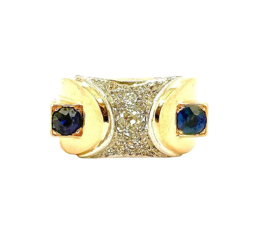 Bague 58 Bague Tank bombée chevalière en or bicolore 18 carats, saphirs et diamants 58 Facettes