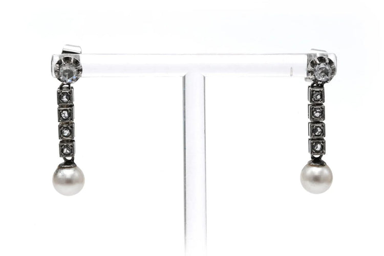 Boucles d'oreilles Art Déco - Boucles d’oreilles en or blanc 18 carats, perles et diamants taille rose 58 Facettes B808