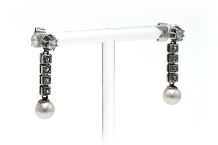 Boucles d'oreilles Art Déco - Boucles d’oreilles en or blanc 18 carats, perles et diamants taille rose 58 Facettes B808