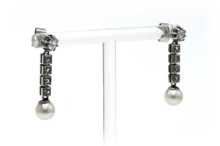 Boucles d'oreilles Art Déco - Boucles d’oreilles en or blanc 18 carats, perles et diamants taille rose 58 Facettes B808