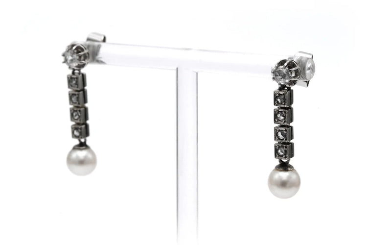 Boucles d'oreilles Art Déco - Boucles d’oreilles en or blanc 18 carats, perles et diamants taille rose 58 Facettes B808