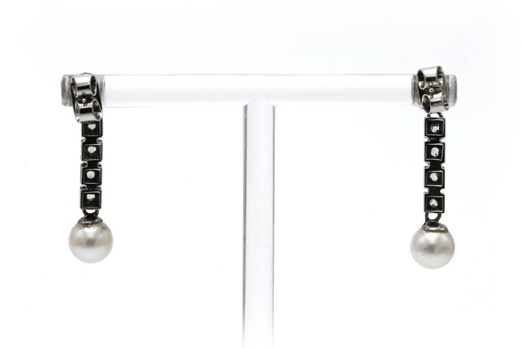 Boucles d'oreilles Art Déco - Boucles d’oreilles en or blanc 18 carats, perles et diamants taille rose 58 Facettes B808