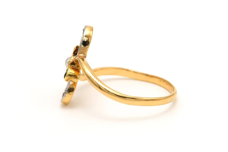 Bague 57 Bague Art nouveau en or jaune et blanc 18 carats, perle, émeraudes et diamants 58 Facettes 22502