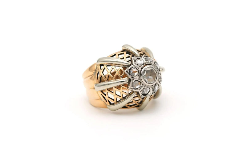 Bague 52 Bague Art déco sertie de diamants taille rose en or jaune et blanc 18 carats 58 Facettes 17664