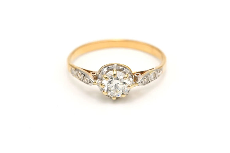 Bague 54 Bague Art déco en or jaune 18 carats et diamants taille brillant 0,68 ct 58 Facettes B678