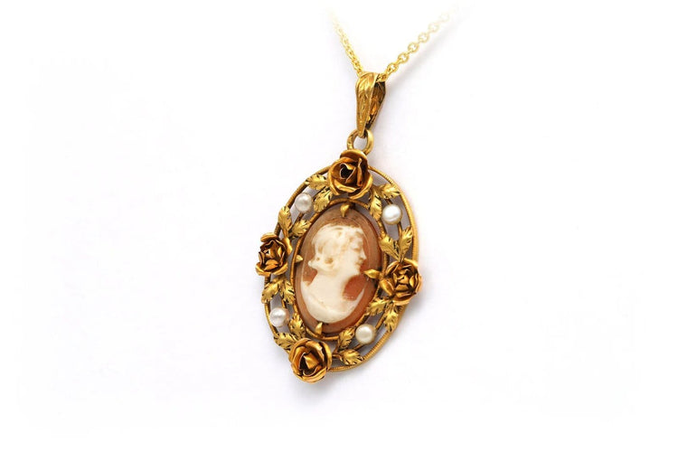 Pendentif Art Nouveau - Pendentif en or jaune 18 carats, perles et camée 58 Facettes 22291