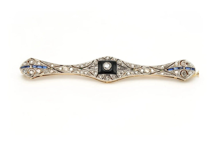 Broche Art déco - Broche en or jaune et blanc, onyx, saphirs et diamants 58 Facettes 23114