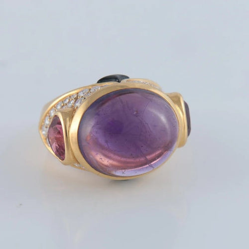 Bague 52 Marina B. - Bague dôme en or jaune avec améthyste, tourmalines roses et diamants 58 Facettes