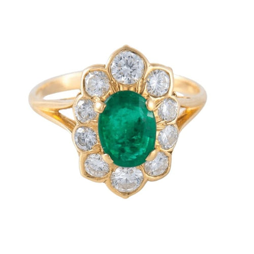 Bague 53 Bague en or jaune 18 ct avec émeraude et diamants 58 Facettes