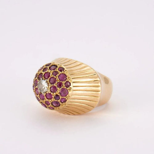 Bague 53.5 Bague champignon en or jaune 18K avec diamant et rubis 58 Facettes