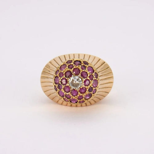 Bague 53.5 Bague champignon en or jaune 18K avec diamant et rubis 58 Facettes
