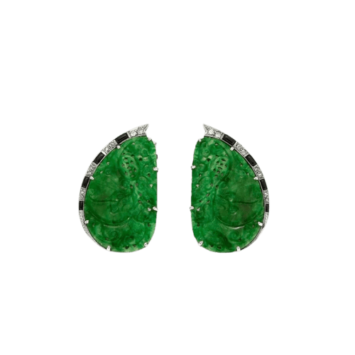 Boucles d'oreilles Art Déco - Broche double clip en or gris 18K, jade, onyx et diamants 58 Facettes