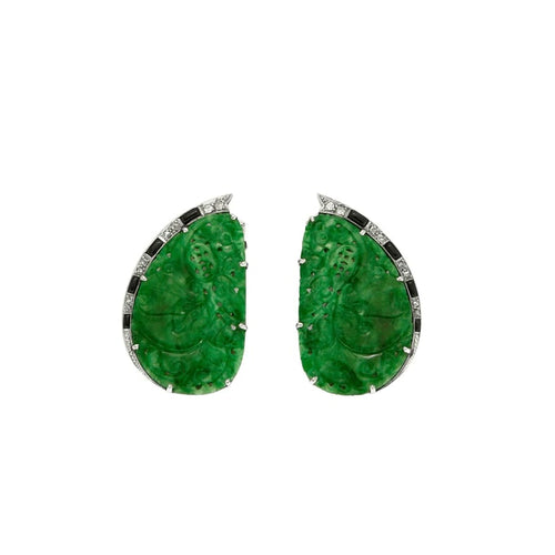 Boucles d'oreilles Art Déco - Broche double clip en or gris 18K, jade, onyx et diamants 58 Facettes
