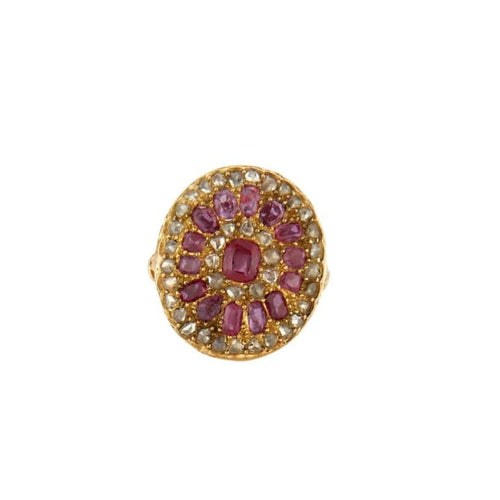 Bague 50.5 Bague rubis et roses de diamant en or jaune 18K, XIXe siècle 58 Facettes