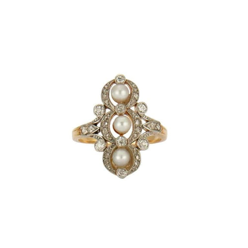 Bague 52 Bague Art nouveau en or jaune et or blanc 18K, perles et diamants 58 Facettes
