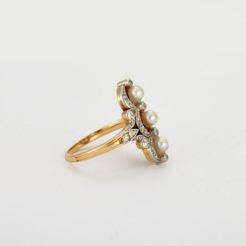 Bague 52 Bague Art nouveau en or jaune et or blanc 18K, perles et diamants 58 Facettes