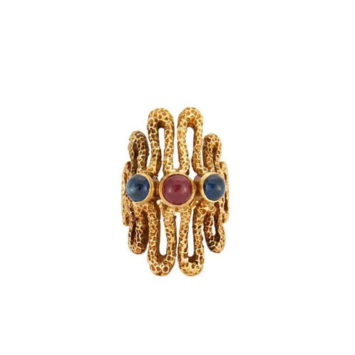 Bague 48 Lalaounis - Bague cabochons en or jaune 18K rubis et saphirs 58 Facettes