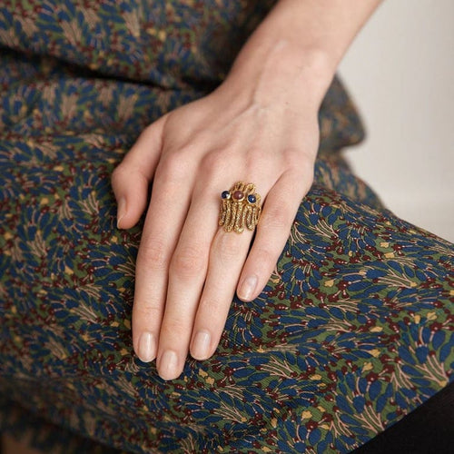 Bague 48 Lalaounis - Bague cabochons en or jaune 18K rubis et saphirs 58 Facettes