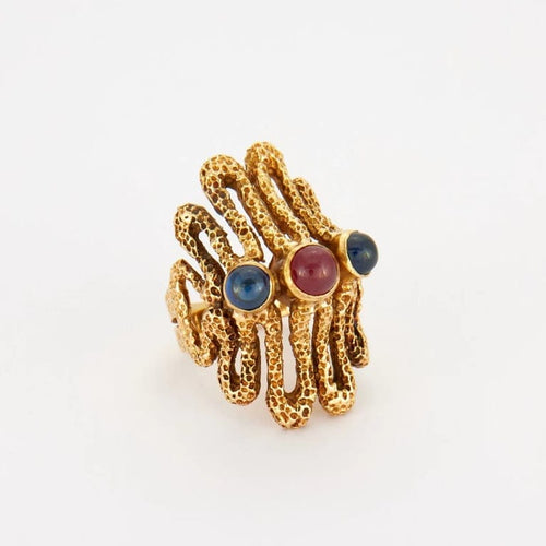 Bague 48 Lalaounis - Bague cabochons en or jaune 18K rubis et saphirs 58 Facettes