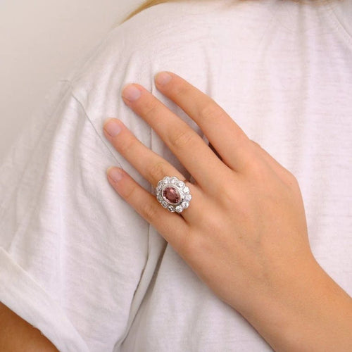 Bague 52 Bague marguerite tourmaline rose et diamants en or blanc 18K 58 Facettes