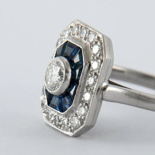 Bague 53 Bague style Art déco en platine avec saphirs et diamants 58 Facettes