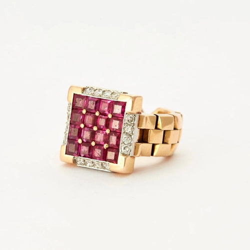 Bague 49 Lacloche - Bague en or jaune 18 carats rubis synthétiques et diamants 58 Facettes