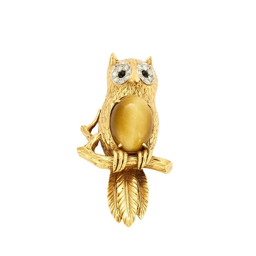 Boucles d'oreilles Hermès - Broche clip hibou en or jaune 18 carats, chrysobéryl 58 Facettes