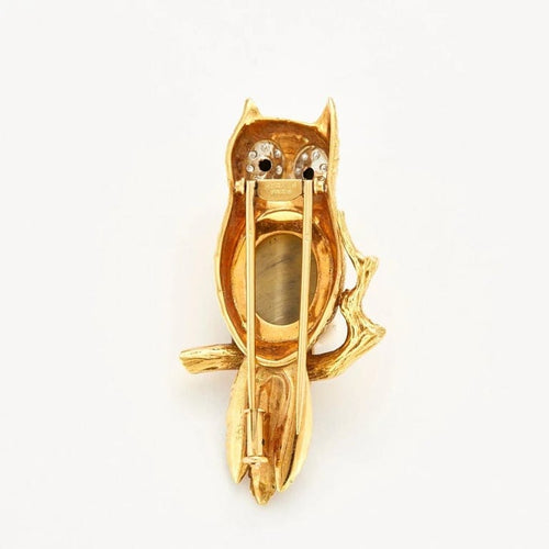 Boucles d'oreilles Hermès - Broche clip hibou en or jaune 18 carats, chrysobéryl 58 Facettes