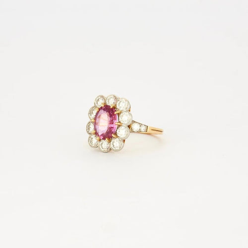 Bague 55.5 Bague marguerite - Saphir rose et diamants en or jaune et platine 58 Facettes
